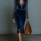 Marília - Vestido midi de veludo com decote em V e renda