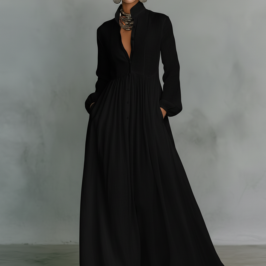 Inês - Vestido maxi de linho com gola alta