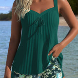 Tankini Listrado de Duas Peças com Calções de Banho