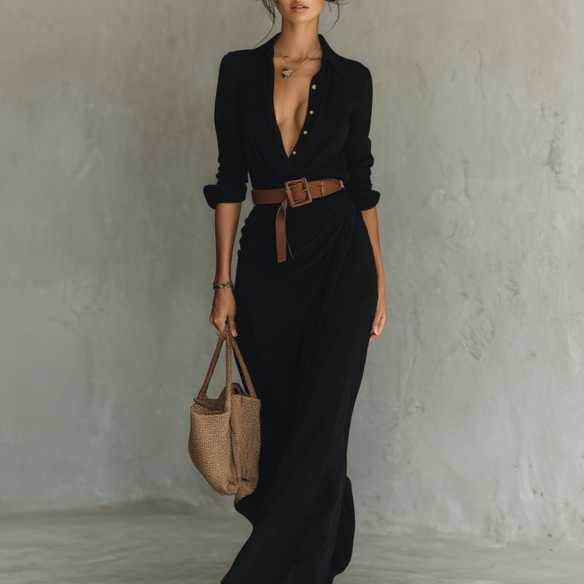 Filomena - Vestido maxi com gola virada e manga comprida