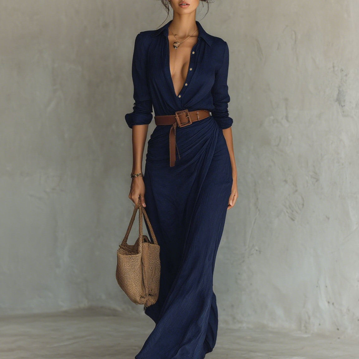 Filomena - Vestido maxi com gola virada e manga comprida