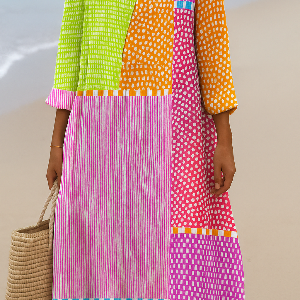 Fátima - Vestido de Patchwork Colorido com Bolinhas e Listras