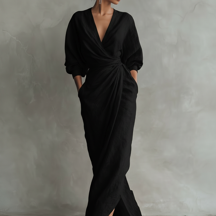 Rosa - Vestido maxi de linho com decote em V