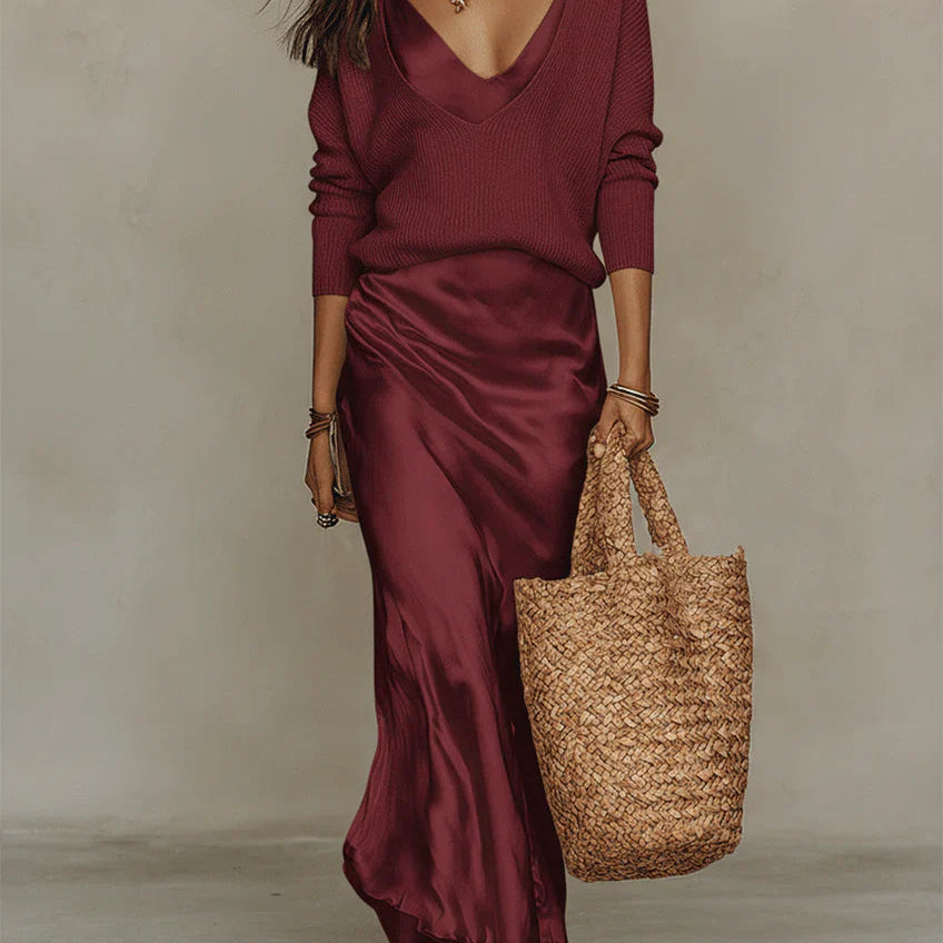 Ana - Vestido elegante midi de cetim com camisola