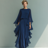 Érica - Conjunto de chiffon azul-marinho com folhos