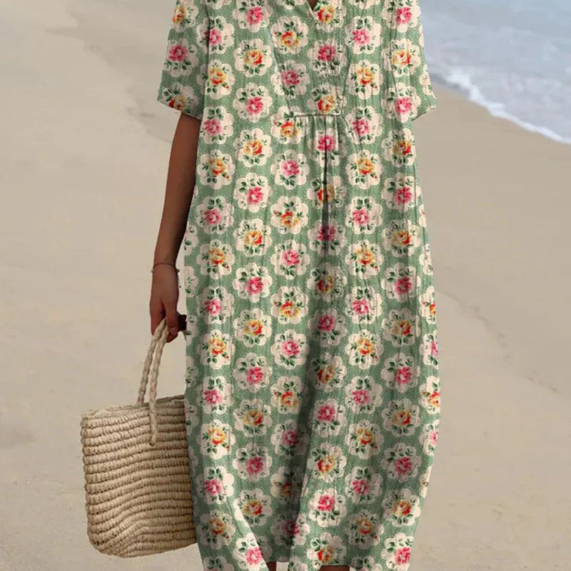 Eulállia - Vestido Floral Retro em Verde Água